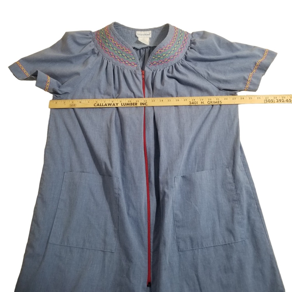 Smart Time Vtg House Dress 1X Mumu Full Zip Pockets Embroidered Lounge Duster - Picture 7 of 10